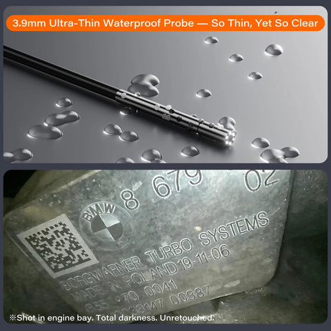 Ultra-Thin 3.9mm Endoscope With Light, 4.3 Inch IPS 1080P HD Borescope, IP67 Waterproof Inspection Camera, USB Interchangeable Cable, 16.5ft Semi-Rigid Probe, Includes 3.3ft Drain Clog Remover For Tight Engine And Pipe Inspections, shown in engine bay