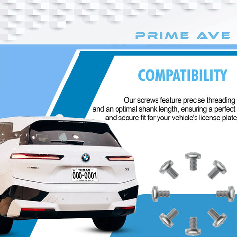 White BMW with license plate, accompanied by Stainless Steel License Plate Screws Set For Front And Rear, Marine Grade 18-8 Rust Proof Car Tag Fasteners