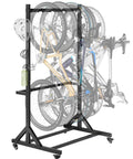 Freestanding Bike Storage Rack for Five Bikes With Built Tough Heavy Duty 350 Lbs Vertical Stand shown with bikes and casters