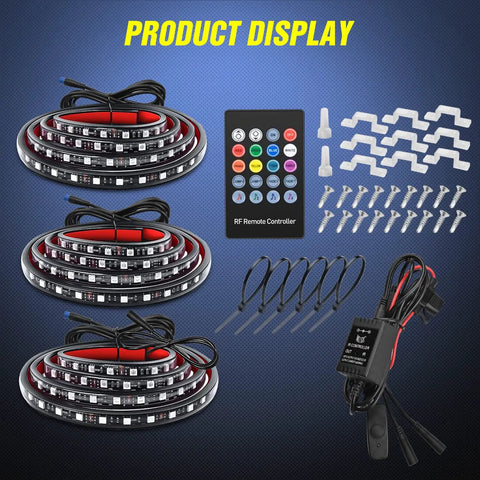 Three Piece 60 Inch RGB Truck Bed Light Kit With 270 LED Neon Accent Lighting And RF Remote On Off Switch Plus Splitter Extension Cable