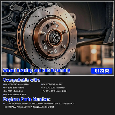 Rear Wheel Hub Bearing Assembly 512388 2 Pack Fits Nissan Altima 2007 2018 Maxima 2009 2019 Murano 2015 2016 Pathfinder 2013 2019 Infiniti JX35 2013 QX60 2014 2019 5 Lug ABS Rear FWD product image.