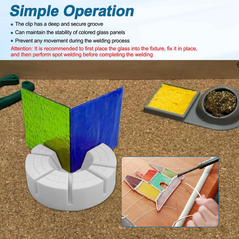 Rock Solid Glass Multi Angle Jig For Stained Glass Art Projects With 3D Soldering Station holds green and blue glass panels securely during soldering.