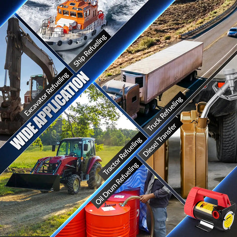 Image showing various applications of Heavy Duty 12V Diesel Transfer Pump Kit 11.9 GPM Electric Fuel Pump with nozzle including trucks and tractors.