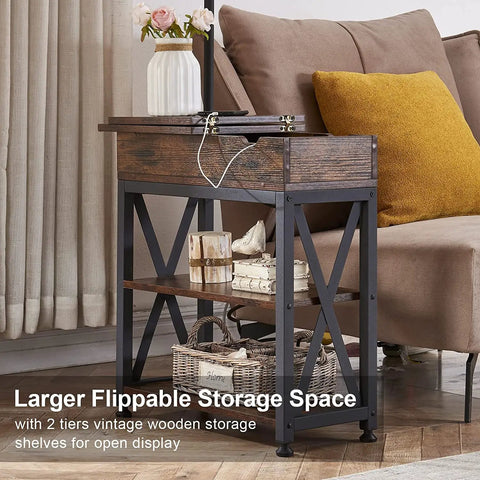 Rustic wooden narrow end table with two-tier shelves, beside a couch. Part of Floor Lamp With Table And USB Type C Ports product.