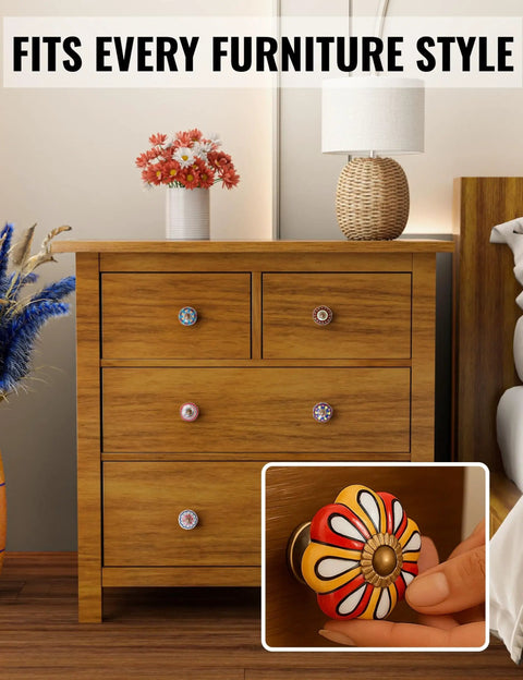 Get Ready For Major Furniture Glow Ups With Our 12 Pack Of Decorative Ceramic Drawer Pulls For Kitchen Cabinets And Bathroom Vanities Featuring Hand Painted Glazed Details That Are Super Tough And Bring Instant Boutique Vibes Just Swap Them On. Colorful ceramic drawer pulls on wooden dresser.