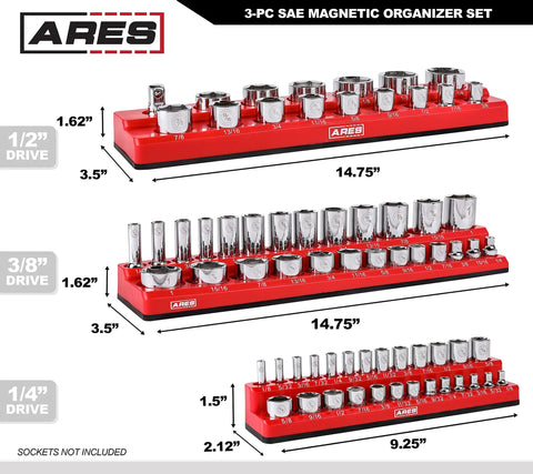Magnetic Socket Organizer Set For One Quarter, Three Eighths, And One Half Inch Drives showing 3 red racks with sockets
