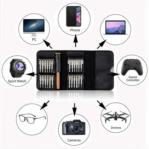 Magnetic 25 In 1 Screwdriver Set With Vanadium Steel Bits Non Slip Handle Portable Leather Case for electronics and gadgets.