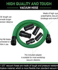 Replacement Vacuum Hose Kit Two And One Half Inch By Seven Feet Dual Flex Locking Shop Vac Hose With Six Fittings For Wet Dry Vacuum Cleaners Fits Most Vacuums Easy Connect No Fuss Heavy Duty Flexible, shown coiled with fittings on display.