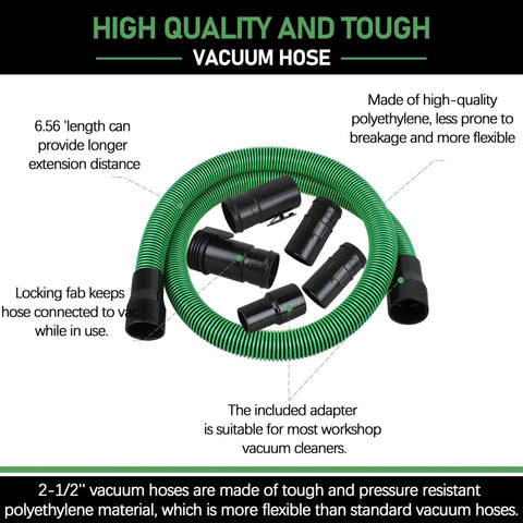 Replacement Vacuum Hose Kit Two And One Half Inch By Seven Feet Dual Flex Locking Shop Vac Hose With Six Fittings For Wet Dry Vacuum Cleaners Fits Most Vacuums Easy Connect No Fuss Heavy Duty Flexible, shown coiled with fittings on display.