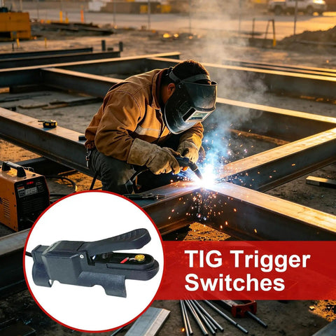 TIG Welding Torch Trigger Switch With Quick Release Clip Anti Slip Fingertip Control in use by welder outdoors