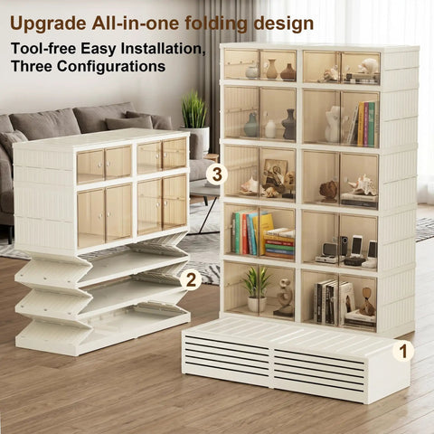 Extra Large White Plastic Collapsible Storage Bins With Tight Lids Five Tier Modular Drawer Cabinet showcased in living room setting.