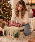 Woman organizing knitwear in Merry Christmas Nutcracker Collapsible Storage Bin Foldable Box, 10.6 x 10.6 x 14.2 inches, cotton linen.