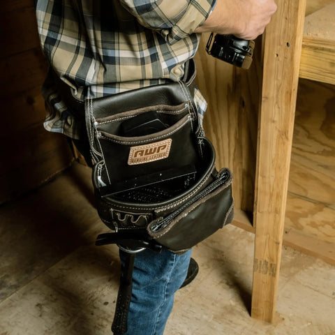 TrapJaw Oil Tan Leather Tool Pouch With Front Access in use, showing wide opening snap closure on belt, Model 1L-995-1