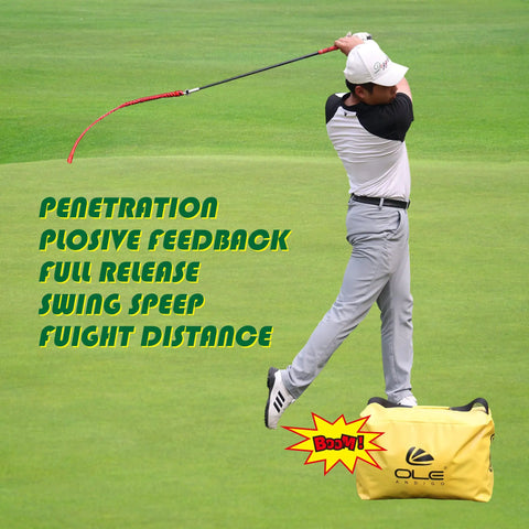 Golfer using Next Level Golf Swing Speed Trainer with Impact Bag and Swing Whip on green field