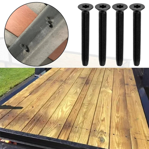 Beefy Heavy Duty Trailer Deck Screws 1/4-20 By 2-1/2 Inch Flat Head Type F Self-Tapping Screws Torx T-30 Star Drive installed on wooden deck