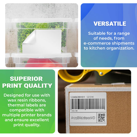 Heavy Duty Thermal Transfer Shipping Labels 2 X 1 Inches applied to clear containers for organization and shipping tasks.