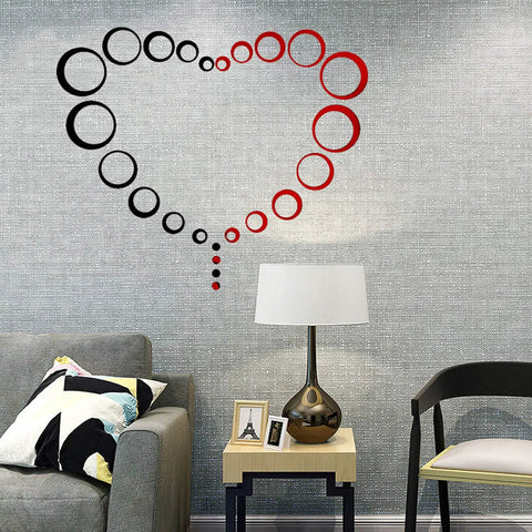 24Pcs Acrylic Circle Mirror Wall Stickers Set For DIY Home Decor, Dope Black And Red Reflective Decals arranged in heart shape