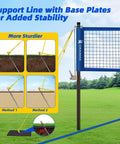 Heavy Duty Outdoor Volleyball Net Set With Adjustable Poles And Anti Sag Design, Portable Beach Net Kit shown installed with support lines and plates