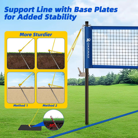 Heavy Duty Outdoor Volleyball Net Set With Adjustable Poles And Anti Sag Design, Portable Beach Net Kit shown installed with support lines and plates