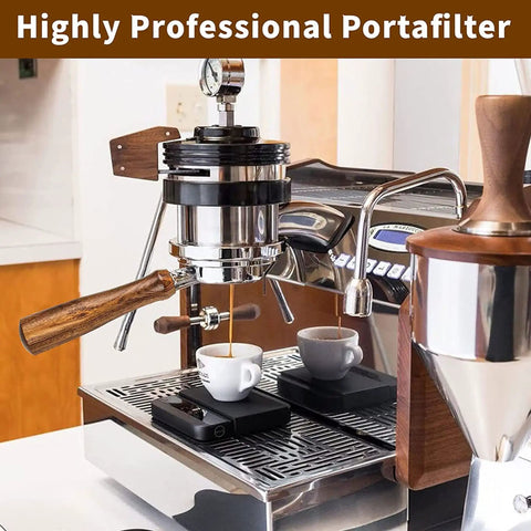 54mm Bottomless Espresso Portafilter on espresso machine with wooden handle, showcasing professional setup.