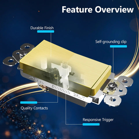 Diagram of Frameless Brushed Gold Paddle Wall Light Switch Single Pole 3 Wire 15A 120 277VAC UL Listed with features labeled.