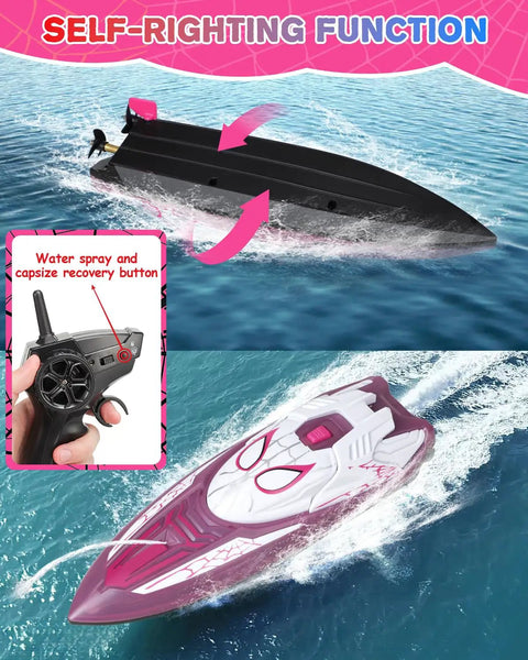 Spider Hero RC Boat With LED Lights, Spray Function, 2.4GHz Remote, Dual Rechargeable Batteries, Kid Friendly Pool Toy.