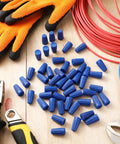 150 Pcs Waterproof Wire Connectors Outdoor Splice Terminals For 22 To 12 AWG Cable Wire Blue scattered on a table with tools and cables
