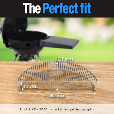 Elevated Cooking Grate That Frees Up Grill Space For Tailgating And Backyard BBQs Heavy Duty Stainless Steel Fits Weber And Other Grills Adds 180 Extra Square Inches For Ribs Veggies And Big Feasts shown with dimensions and grill