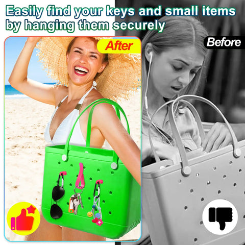 Woman with green tote using Six Pack Bogg Bag Accessories Hooks Kit With Carabiner Keychain And Charm Inserts at the beach