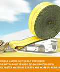 Heavy Duty Badass Ratchet Straps 4 Pack 2 Inch Wide By 27 Feet Long With Double J Hooks, close-up of yellow polyester strap.