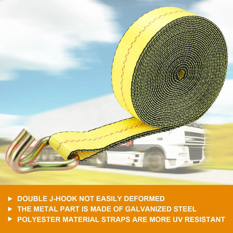 Heavy Duty Badass Ratchet Straps 4 Pack 2 Inch Wide By 27 Feet Long With Double J Hooks, close-up of yellow polyester strap.