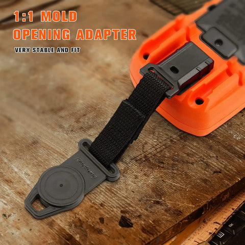 Close-up of magnetic hanger attached to hard case for multimeters, part of Hard Case Bundle With Magnetic Hanger Strap Replacement For Digital Multimeters MM400 MM325 MM300 MM200 ET140 MM720, Keeps Your Meter Secure, Hands Free Pro Grade For On The Go Electricians, And Stores All Accessories In One Convenient Pack.