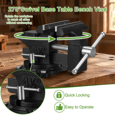 Shop Beast 4.5 Inch Bench Vise With Zero Drill Clamping Base For Workbenches showing 270° swivel base for easy repositioning.