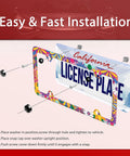 Colorful Floral Stainless Steel License Plate Frame For Cars, Cute Flower Design, showing included screws for easy installation