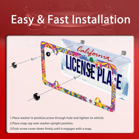 Colorful Floral Stainless Steel License Plate Frame For Cars, Cute Flower Design, showing included screws for easy installation
