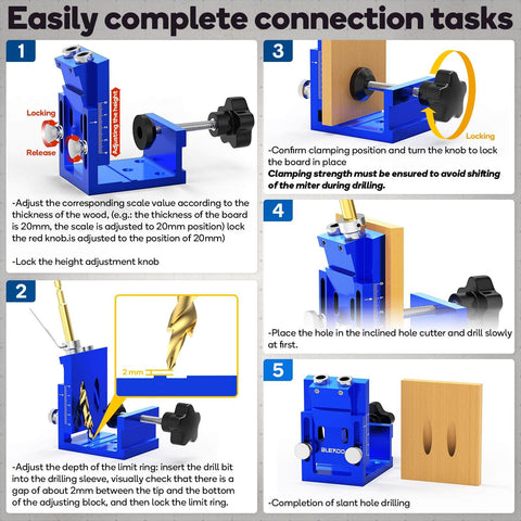 Diagram of Pocket Hole Jig Kit For 15 Degree Angled Holes All Metal Woodworking Drill Guide, showing setup instructions.