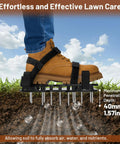 Self Cleaning Dual Layer Spike Lawn Aerator Shoes with adjustable straps on boot, showing 40mm spike penetration in grass.