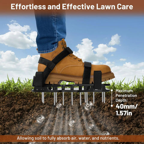Self Cleaning Dual Layer Spike Lawn Aerator Shoes with adjustable straps on boot, showing 40mm spike penetration in grass.