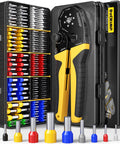 Hex Ferrule Crimping Tool Kit With Self-Adjusting Ratcheting Wire Crimper And 11-Type Terminal Assortment For 12V Auto, Marine, And Home Wiring, AWG 24-4 (0.25-25mm²) displayed with assorted colored ferrules.