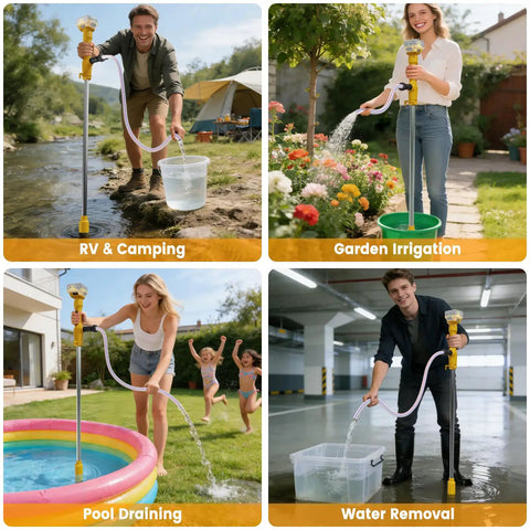 Four scenes showing Cordless Water Transfer Pump Stick Go Cordless With 20V Battery Compatibility used for RV, garden, pool, and indoor.