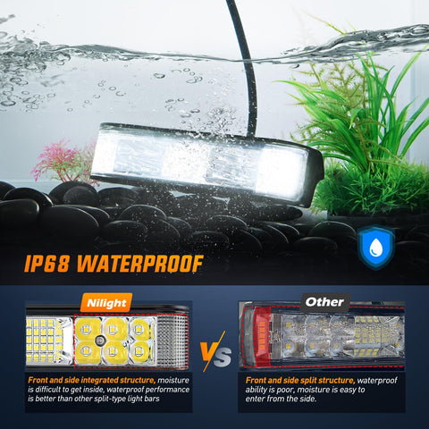 Side Shooter LED Light Bar Pair 6.5 Inch 60W Flood and Spot Beam Combo Pods underwater IP68 test with plants and rocks