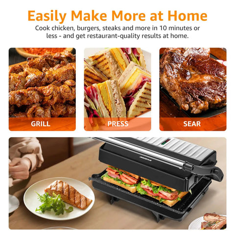 Aigostar Silver 1000W Panini Press Grill With Ceramic Nonstick Plates For Even Cooking Bacon Burgers Chicken Steaks And Reheating Personal Pizza, compact grill in use with pressed sandwich and grilled salmon.