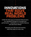 Text reading 'Innovations That Solve Real World Problems' with description of Crescent Tools' strength and performance.