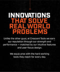 Graphic with text highlighting Crescent Tools' innovation and design focus for professional tools.