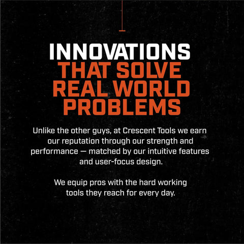 Image with text reading 'INNOVATIONS THAT SOLVE REAL WORLD PROBLEMS' and details about tools from Crescent Tools.