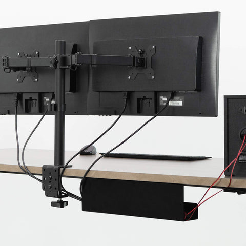 Dual monitors setup with Under Desk Cable Management Tray 16.5 Inch Cord Organizer in use, keeping cables tidy, reducing clutter.