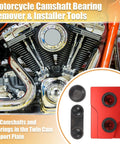Harley Davidson Twin Cam Camshaft Bearing Removal Tool Kit for 1999 2006 models, red and black parts, motorcycle engine background