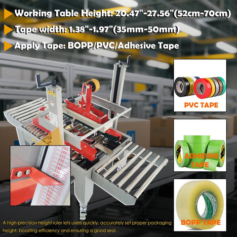 Pro Grade Automatic Carton Sealer Featuring Double Flap Tape Sealing Machine with adjustable height and tape width shown.