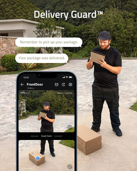 Package delivery detected by Dual Camera Video Doorbell 2K HD Wireless Battery Powered With HomeBase No Fuss Dual Motion Detection.