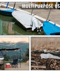 Collage showing multipurpose uses of Beefy 16 Mil Poly Tarp 8x10 Finished Size Waterproof Tarpaulin With Reinforced Edges UV Resistant.